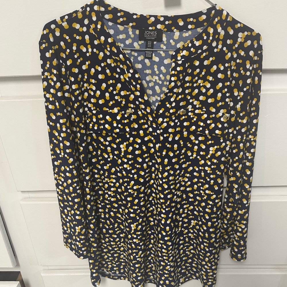 Jones New York Navy Tunic with Yellow and White Dot Print